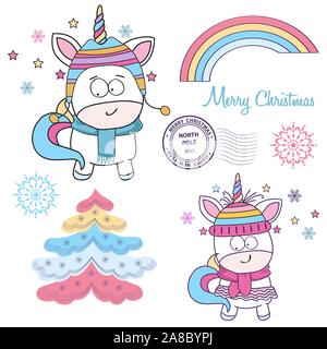Magico Natale unicorns raccolta su sfondo bianco Illustrazione Vettoriale