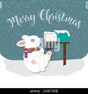 Scheda di Natale con il coniglio, Natale sfondo. Design piatto. Vettore Illustrazione Vettoriale