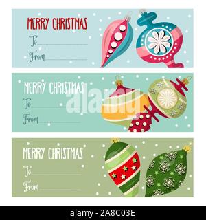 Carino il design piatto di Natale raccolta di etichette con le palle di Natale per i regali. Vettore Illustrazione Vettoriale