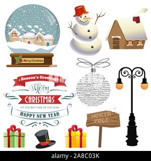 Carino disegnato a mano, Articoli natalizi Collezione isolato su bianco Illustrazione Vettoriale