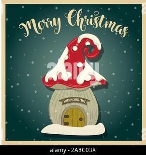 Vintage scheda di natale con gnome house. Poster di natale. Stampa. Vettore Illustrazione Vettoriale