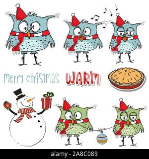 Natale divertente raccolta di uccelli e di altri oggetti di Natale Illustrazione Vettoriale