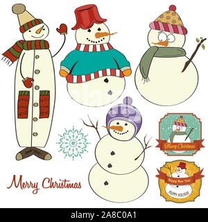 Carino disegnare a mano pupazzi di neve raccolta isolati su sfondo bianco Illustrazione Vettoriale