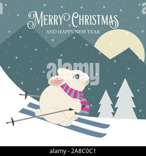 Bella retrò scheda di natale con coniglio sciatore. Design piatto. Vettore Illustrazione Vettoriale