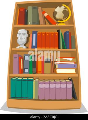Illustrazione di una libreria in legno che contiene molti libri colorati. Illustrazione Vettoriale