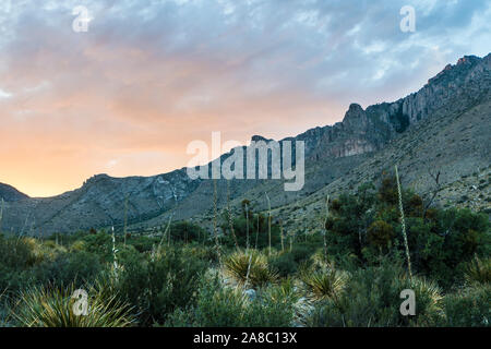 Vista del paesaggio del tramonto nel Parco Nazionale delle Montagne Guadalupe in Texas. Foto Stock