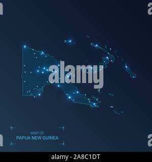 Papua Nuova Guinea mappa di città. Punti luminosi - luci al neon su sfondo scuro. Illustrazione Vettoriale. Illustrazione Vettoriale