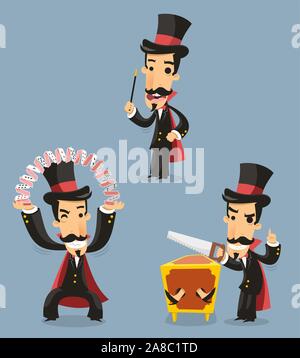 Mago magia trucco prestazioni, con top hat, cape, schede, sega, trucco. Illustrazione Vettoriale cartoon. Illustrazione Vettoriale