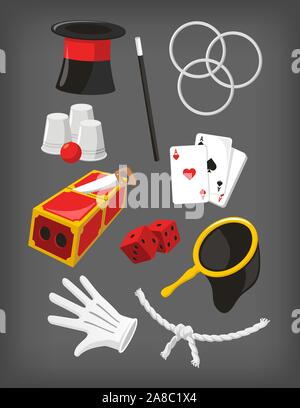 Magic Icon Set, con Magic Top Hat, Hoop, Bacchetta magica, cubetti, guanti bianchi, Ace, Carte Magia Borsa, corda, Magic Box trucco, bicchieri e la sfera. Illustrazione Vettoriale