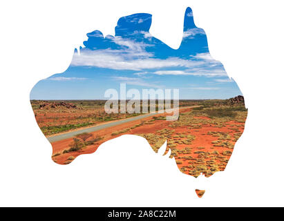 Australia mappa Outback con vista campagna inserita su sfondo bianco Foto Stock