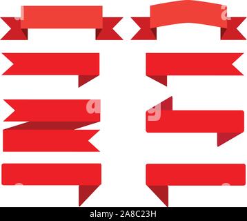 Impostare il nastro banner. nastro rosso banner su sfondo bianco in stile appartamento. nastro segno. Illustrazione Vettoriale