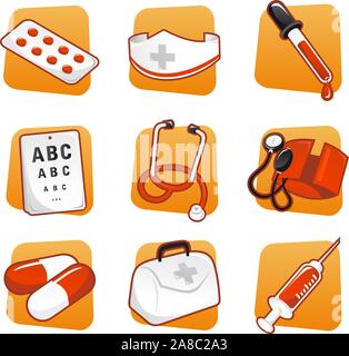 Medical icon set pillole infermiere siringa contagocce - Illustrazione Illustrazione Vettoriale