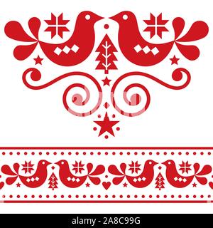 Natale scandinavo vettore folk gli elementi di design, grazioso design floreale con uccelli, alberi di pino e fiocchi di neve sul rosso su sfondo bianco Illustrazione Vettoriale