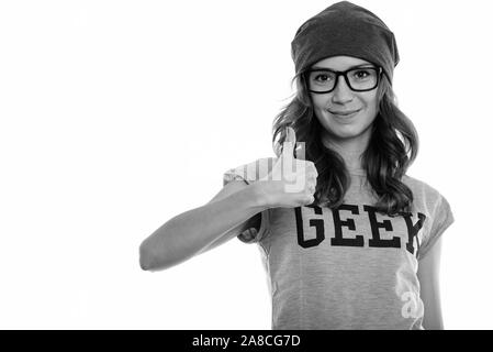 Studio shot di geek girl dando pollice in alto Foto Stock