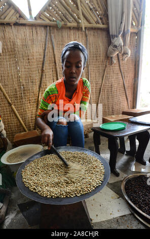 Una giovane donna etiope la tostatura i chicchi di caffè in preparazione del tradizionale caffè etiope. Foto Stock