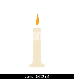 Candela singola con il fuoco su uno sfondo bianco con cera fusa alla base. Vettore illustrazione semplice in stile cartoon. Illustrazione Vettoriale