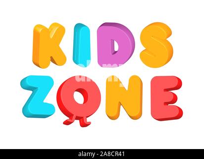 Kids zone colorate lettere, sala giochi 3D modello logo, baby school il vettore isolato etichetta. Illustrazione Vettoriale