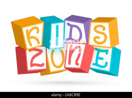 Funny bambino 3D i cubi colorati con lettere Kids Zone. Sala giochi per bambini modello logo. Area di gioco in un centro di intrattenimento, illustrazione vettoriale su Illustrazione Vettoriale