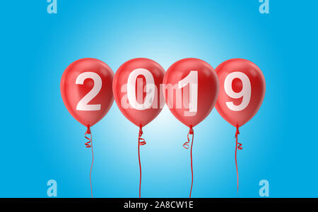 2019 il testo realizzato con palloncini colorati sono appesi e volare nel cielo. Anno nuovo concetto progettato con palloncini colorati. Immagine ad alta risoluzione è de Foto Stock