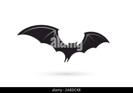 Bat in volo, ali larghe, silhouette nera di bat su sfondo bianco, illustrazione vettoriale. Halloween e vampire semplice Logo e simbolo modello. Illustrazione Vettoriale