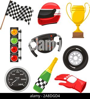 F1 race car icone, con gara casco, f1 bandiera, f1 tachimetro, f1 guanti, f1 champagne, f1 volante, f1 ruota. Illustrazione Vettoriale cartoon. Illustrazione Vettoriale