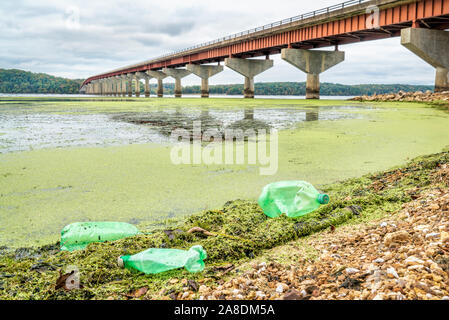 La bottiglia di plastica nel cestino sulla riva del fiume - Sul Fiume Tennessee con Giovanni Caffè Memorial Bridge (Natchez Trace Parkway nazionale) Foto Stock