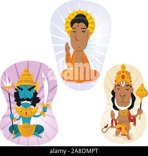 Divinità indù set 2, Buddha, hanuman, ravana. Illustrazione Vettoriale