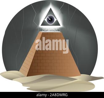 All Seeing Eye Furious Rage dio Horus Piramide Religione, illustrazione vettoriale cartoon. Illustrazione Vettoriale