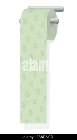 Carta igienica con segni di dollaro. Simbolo di spreco di denaro o di costosi prodotti da toeletta e prodotti di igiene - illustrazione su sfondo bianco. Foto Stock