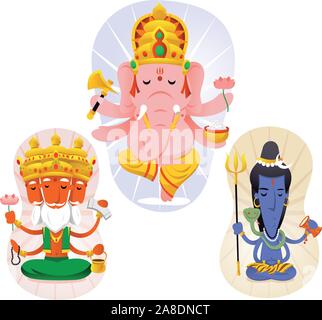 Dio indù set contenente Brahma, Shiva e Ganesha. Illustrazione Vettoriale