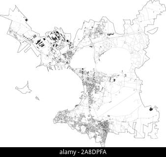 Vista dal satellite della città di Taranto, mappa e strade. La puglia, Italia. Mappa dei trasporti nella regione Puglia, Italia. Ilva Illustrazione Vettoriale