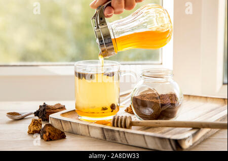 Puro sano selvaggio chaga fungo betulla, Inonotus obliquus pezzi in vetro di tè sul vassoio in legno sul davanzale, soleggiata luce posteriore. Foto Stock