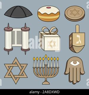 Cultura Ebraica Torah elementi hexagram menorah knishes tubazione di pane Illustrazione Vettoriale