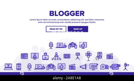 Blogger di raccolta di una linea sottile set di icone vettore Illustrazione Vettoriale