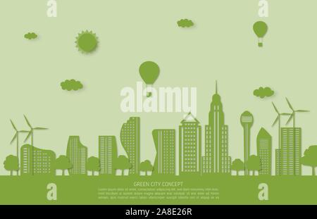 Ecologia e ambiente concetto di conservazione. Città verde paesaggio in carta tagliata stile. Illustrazione Vettoriale