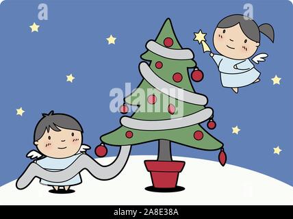 Gli angeli di Natale produrre l'albero di Natale Illustrazione Vettoriale