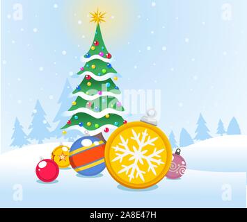 Albero di natale scena con sfere decorative Illustrazione Vettoriale