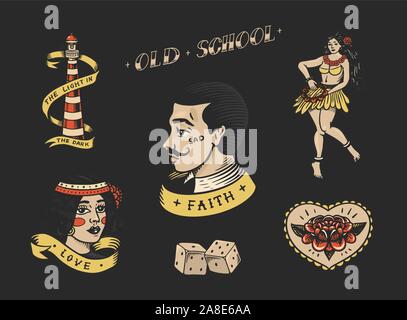 Set di vintage old school Tattoo. Caratteri giocando a carte, Hawaiian ballerina di hula donna, le labbra e il faro, Panther, dadi e snake. Mano inciso Illustrazione Vettoriale