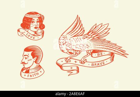 Old school Tattoo. Hipster l uomo e la donna e l'aquila. Incisi disegnati a mano retrò vintage schizzo per badge o logo. Illustrazione Vettoriale