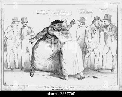 "La riconciliazione. Una scena che incidono', 1834. Edward Stanley, Conte di Derby; Hugh Fortescue, 2nd Earl Fortescue; Sir James Robert George Graham; Edward John Littleton, primo Baron Hatherton; Joseph Hume; Daniel O'Connell; John Charles Spencer, 3° Conte Spencer. Vignetta satirica su British e politica irlandese da "M.P.' (John Doyle). [Thomas McLean, London, 1834] Foto Stock