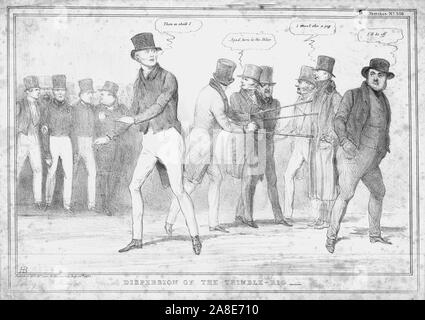 'Dispersion del Thimble-Rig', 1834. I politici britannici: 'Agad, qui è la polizia"; "Io non sha mescolare un peg'; 'sarò off'; 'poi così I'. Sir Robert Peel, che è stato primo ministro 1834-1835, anche fondato il Metropolitan Police Service. Thimble-Rig è un gioco d'azzardo. Vignetta satirica da "M.P.' (John Doyle). [Thomas McLean, London, 1834] Foto Stock