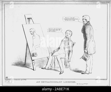 "Una straordinaria somiglianza", 1837. Henry Hardinge dice della sua immagine di Sir Hussey Vivian: "Come ti piace il mio ritratto, non pensate che ho colpito il suo atteggiamento?' ex primo ministro Arthur Wellesley, primo duca di Wellington risponde: "c'è lui la vita! Girando le spalle al suo vecchi amici...HB [John Doyle] non poteva fare di meglio". Vignetta satirica sulla politica inglese da "M.P.' (John Doyle). [Thomas McLean, London, 1837] Foto Stock