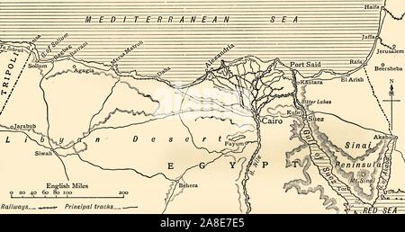 'Map che illustra le campagne in Egitto dal febbraio 1915 al maggio 1916', (c1920). Alessandria e il delta del Nilo, il Cairo, porta detto, il canale di Suez e la penisola del Sinai durante la Prima Guerra Mondiale. Da "La Grande Guerra Mondiale: una storia", Volume V, edito da Frank un Mumby. [Il Gresham Publishing Company Ltd, Londra, c1920] Foto Stock