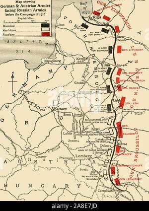 'Map che mostra il tedesco &AMP; eserciti austriaco rivolta truppe russe prima che la campagna del 1916', (c1920). Posizioni degli eserciti del contraddittorio in Europa orientale durante la Prima Guerra Mondiale. Da "La Grande Guerra Mondiale: una storia", Volume VI, edito da Frank un Mumby. [Il Gresham Publishing Company Ltd, Londra, c1920] Foto Stock