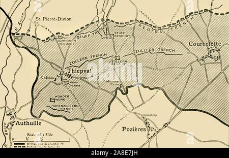 'Map che mostra circa l'area acquisita sul crinale Thiepval tra il 14 Settembre e Ottobre 31, 1916", (c1920). La linea britannica nel nord della Francia durante la battaglia della Somme, la prima guerra mondiale. Da "La Grande Guerra Mondiale: una storia", Volume VI, edito da Frank un Mumby. [Il Gresham Publishing Company Ltd, Londra, c1920] Foto Stock