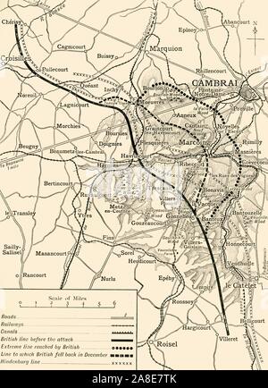 'Map che illustra le prime battaglie di Cambrai, Novembre-Dicembre 1917', (c1920). "Nota - Hill ombreggiatura è mostrato solo in una zona coperta dalla sfera delle operazioni descritte". La battaglia di Cambrai durante la Prima Guerra Mondiale fu combattuta intorno alla città di Cambrai nel nord della Francia. Sono inoltre indicate: "linea britannica prima di attaccare', 'linea estrema raggiunta dal British', 'linea a cui British è sceso di nuovo in dicembre' e 'Hindenburg line'. Da "La Grande Guerra Mondiale: una storia", Volume VII, edito da Frank un Mumby. [Il Gresham Publishing Company Ltd, Londra, c1920] Foto Stock