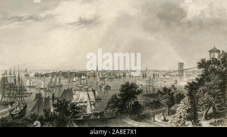 "La città di New York, da Brooklyn Heights', 1874. New York, Stati Uniti d'America: vista di navigazione delle navi e piroscafi a ruote sull'East River, con ponte di Brooklyn a destra.frontespizio al pittoresco America; o, la terra in cui viviamo, una delimitazione dalla penna e matita di montagne, fiumi, laghi...con illustrazioni su acciaio e legno da eminenti artisti americani" Vol. II, edito da William Cullen Bryant. [D. Appleton and Company, New York, 1874] Foto Stock