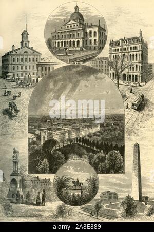 "Scene di Boston", 1874. "Faneuil Hall, membro House, Tempio massonico, [View] a sud dalla casa di stato, etere monumento, Statua di Washington, il Monumento di Bunker Hill', Boston, Massachusetts, USA. Dal pittoresco America; o, la terra in cui viviamo, una delimitazione dalla penna e matita di montagne, fiumi, laghi...con illustrazioni su acciaio e legno da eminenti artisti americani" Vol. II, edito da William Cullen Bryant. [D. Appleton and Company, New York, 1874] Foto Stock