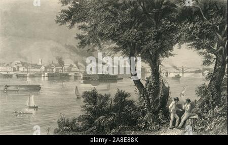 "La città di San Louis', 1874. I battelli a vapore sul Mississippi River a St Louis, Missouri, Stati Uniti d'America. Dal pittoresco America; o, la terra in cui viviamo, una delimitazione dalla penna e matita di montagne, fiumi, laghi...con illustrazioni su acciaio e legno da eminenti artisti americani" Vol. II, edito da William Cullen Bryant. [D. Appleton and Company, New York, 1874] Foto Stock