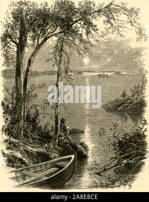 "Entrata di mille isole", 1874. Un artista schizzo a migliaia di isole, un arcipelago di 1.864 isole nel fiume San Lorenzo, sul Canada-frontiera USA. '...Le Mille Isole numero mille seicento e novantadue, come può essere accertata nel Trattato di Gand!...il nostro sistema di cottura a vapore...thread il suo modo attraverso i trenta e a nove miglia a cui sono fittamente sparpagliare. Dimensioni differiscono molto, tuttavia alcuni soltanto a pochi metri in misura e altri a diverse miglia. Le verdure per la maggior parte di essi è limitato a una robusta crescita di abete e pino, con occasionalmente alcune scrubby sottobosco, whi Foto Stock